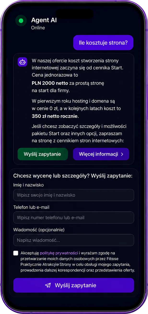 Interfejs rozmowy z Agent AI oraz formularzem kontaktowym w czacie