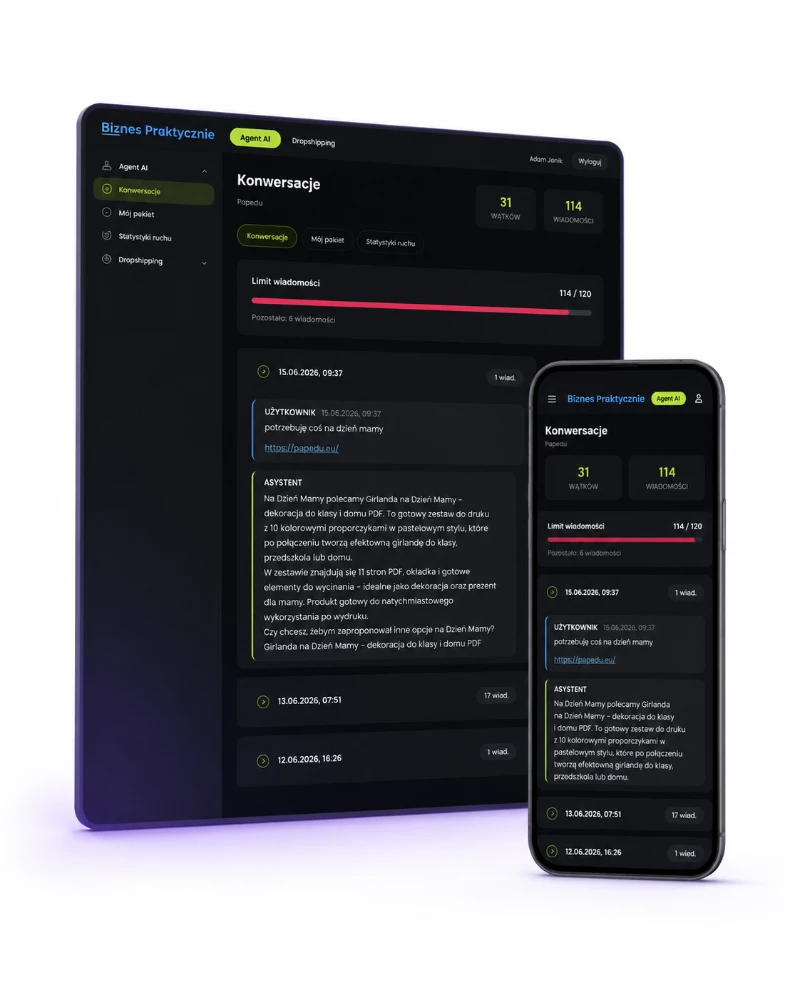 Panel klienta Agent AI z historią rozmów na komputerze i smartfonie